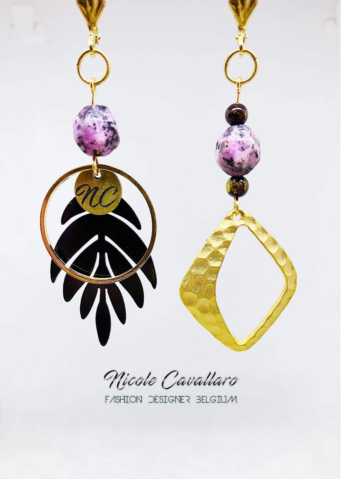 Boucle oreille Jaspe rose et feuille noire Nicole Cavallaro n°79