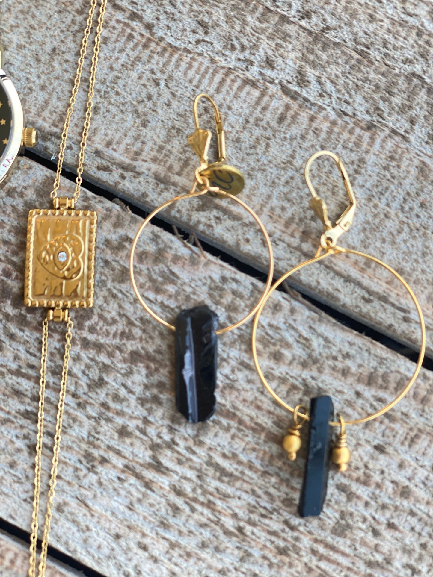 Boucle oreille duo de quartz noir Nicole Cavallaro n°86