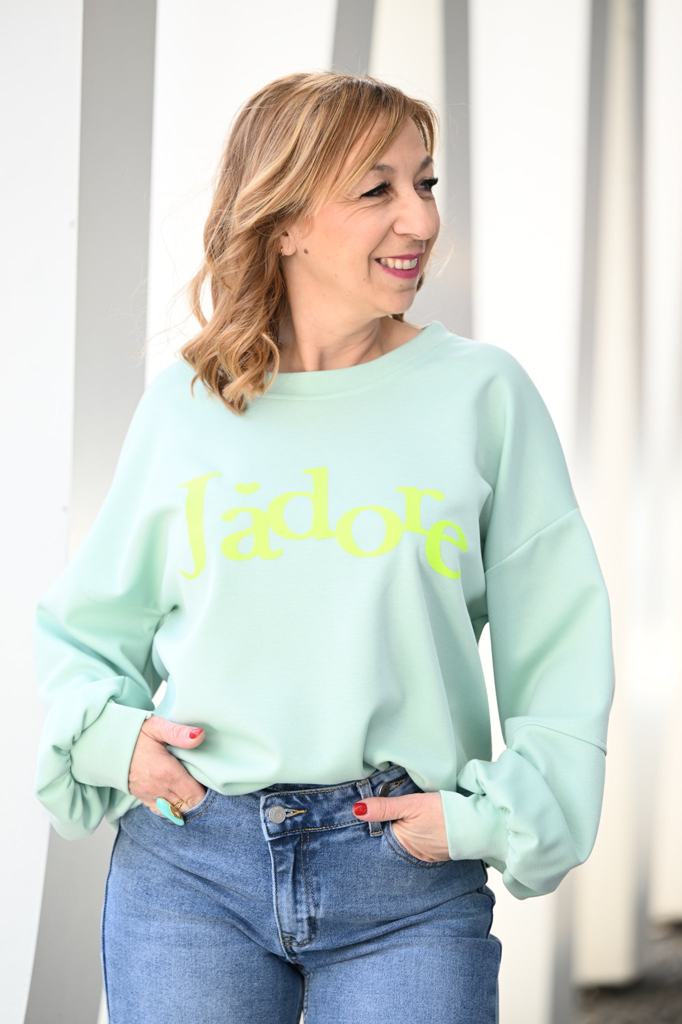 Sweat "J'adore" vert eau