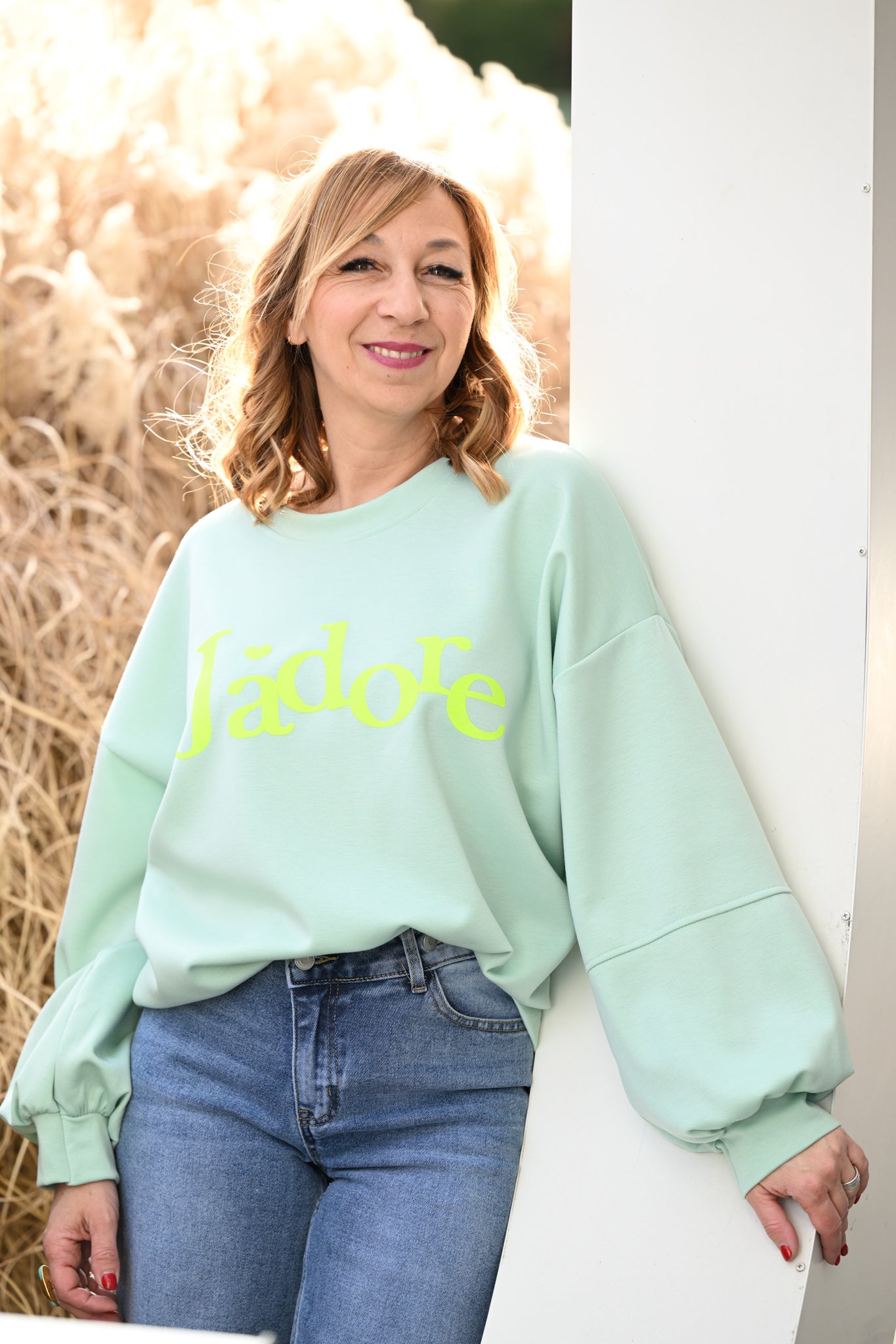 Sweat "J'adore" vert eau