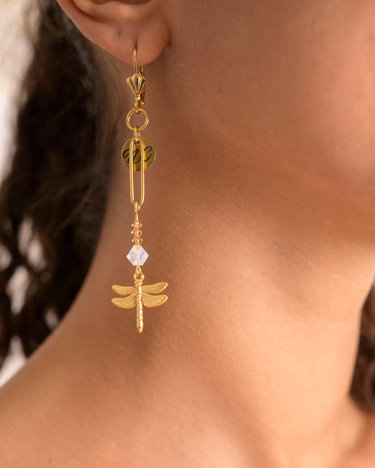 Boucle oreille Swarovski et libellule Nicole Cavallaro n°97